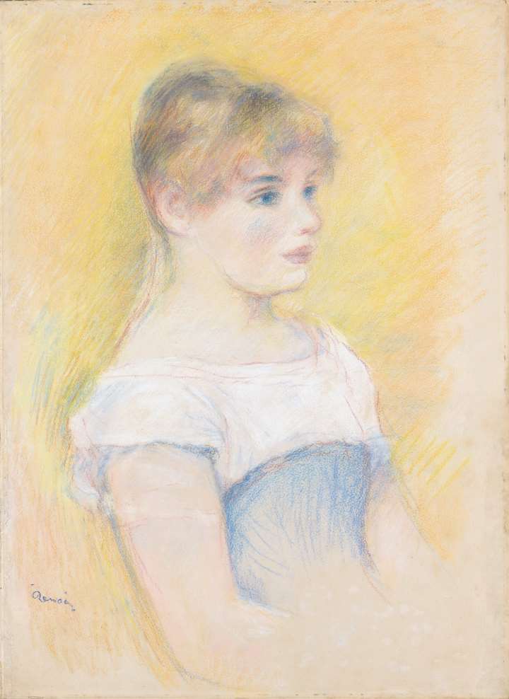 Portrait of Jeanne Samary (Fille au corset bleu) (Une blonde aux yeux bleus, vue de trois quarts sun un fond jaune)